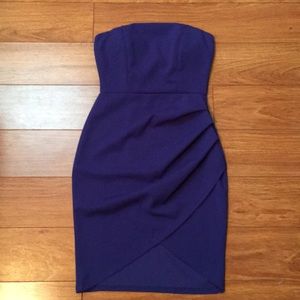 Royal blue strapless dress.